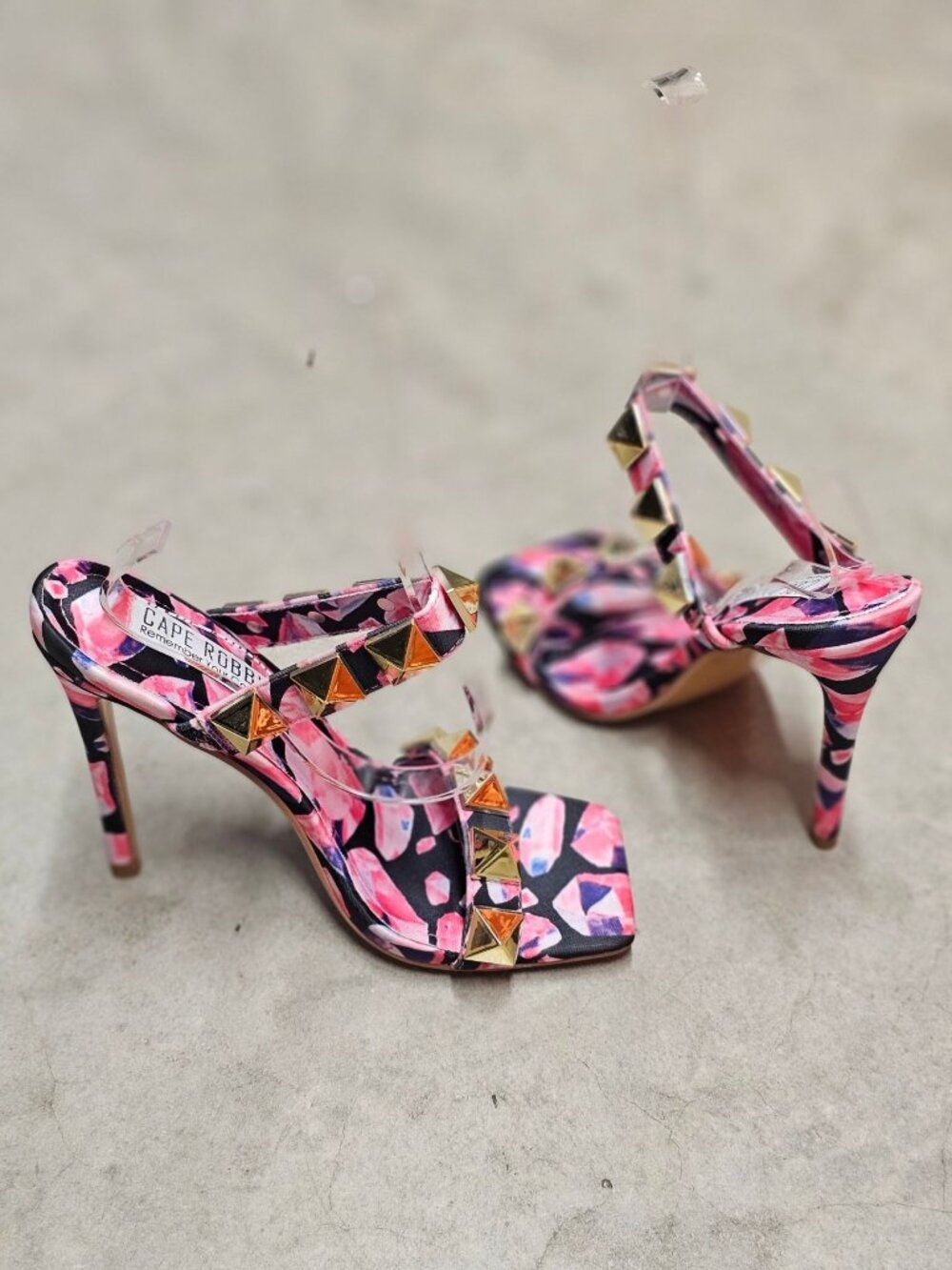 Pink & Gold Studded High Heel Sandals With Floral Pattern Open Toe Stiletto Heel